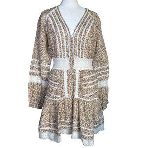 Veronica Beard Addilyn Size 10 Peasant Floral Crochet Lace Trim Mini Dress Stone